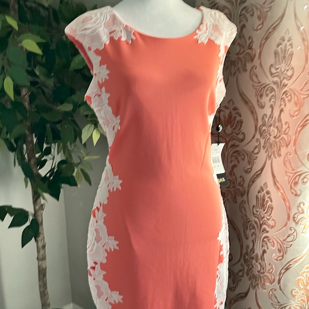 Elegant Coral Dress with White Lace Accents